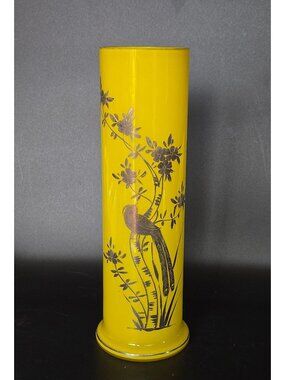Czech Glass Yellow and Silver bird floral, Tango vase circa 1930s. Great Conditi